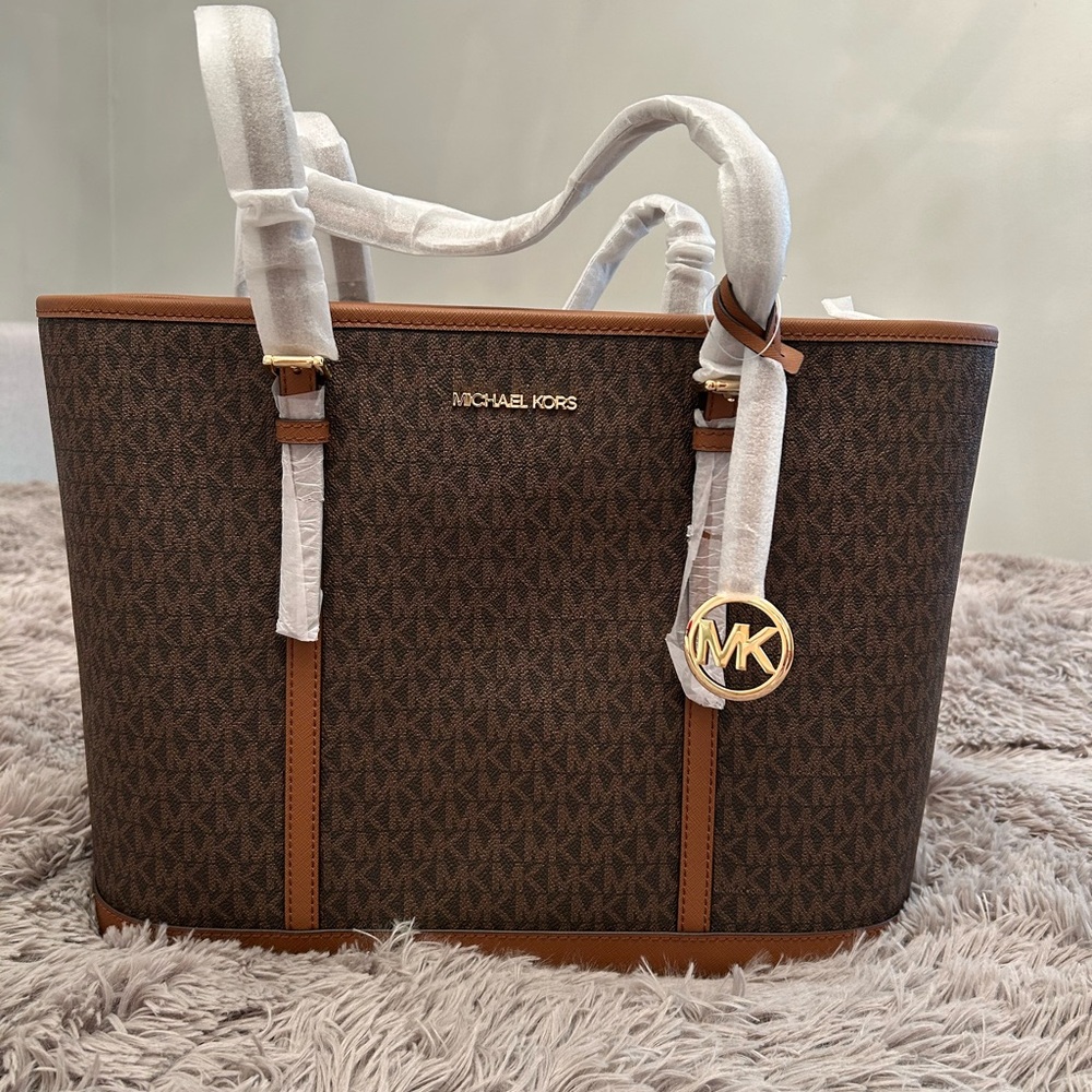 Michael Kors Jet Set Travel Large Shoulder Tote Dark Brown Signature Tote